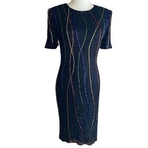 Vintage 80s 100% Silk Hand Beaded Cocktail Dress Short Sleeve Rainbow